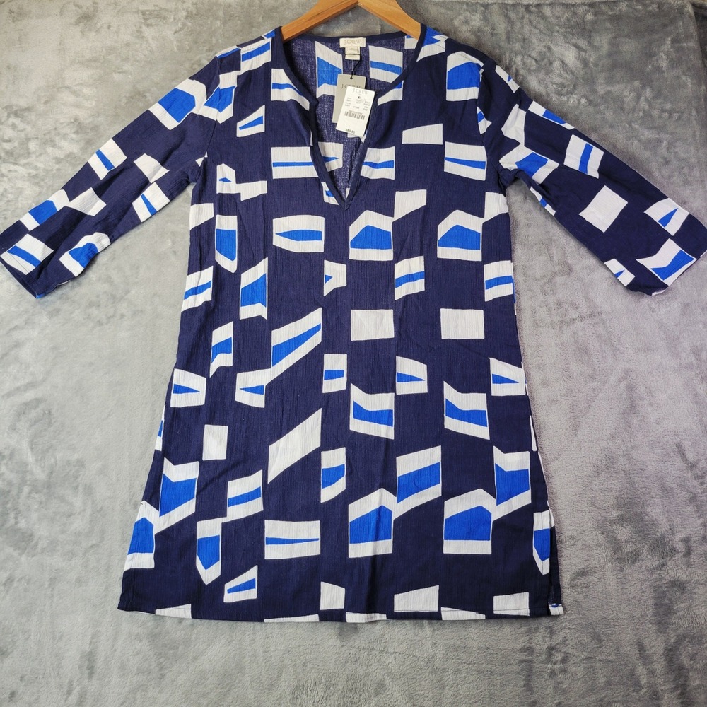 J.Crew Womens PXS Blue White‎ Geometric Cotton Beach Tunic Dress E8246 NEW